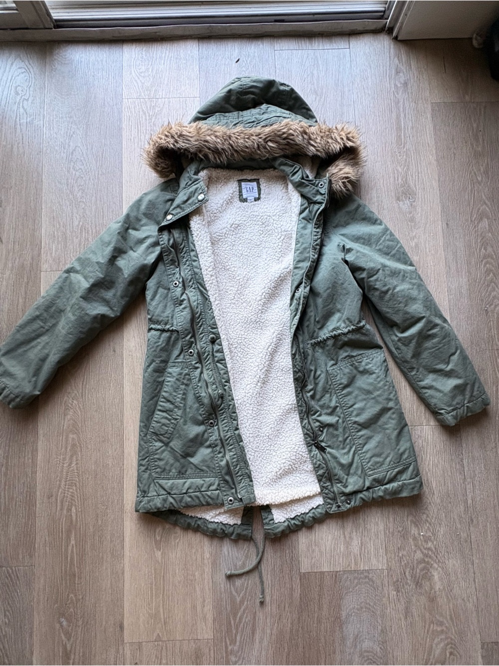 GAP Olive Green Puffer Parka with Faux Fur Hood and Sherpa Lining